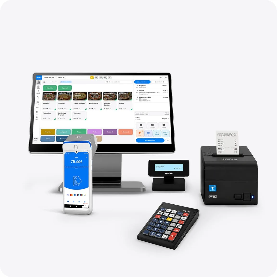 Sistema cassa completo con POS, stampante fiscale e display cliente